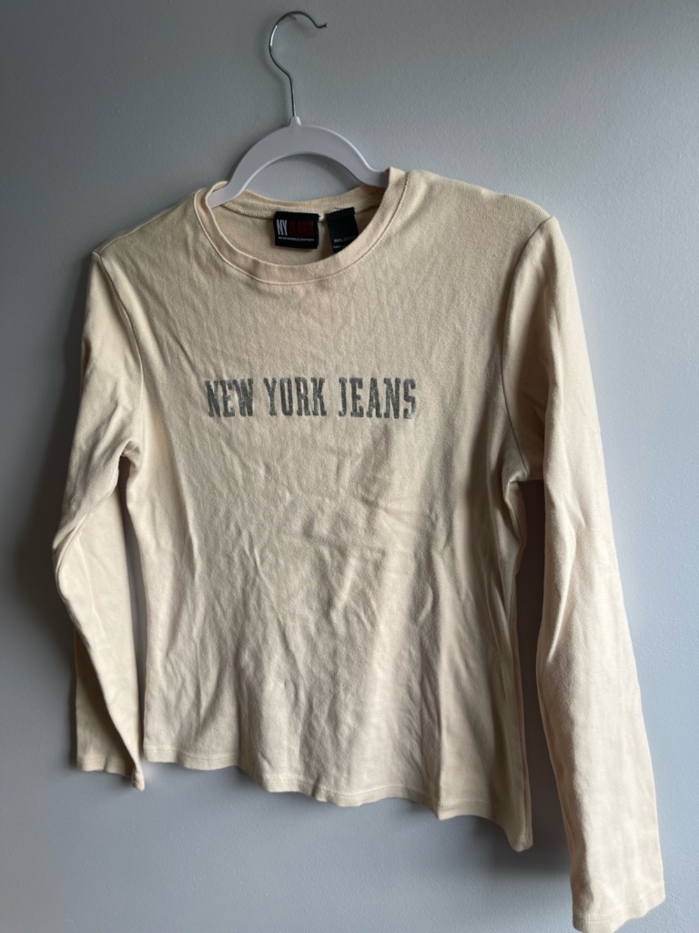 Vintage Y2K 00s Glitter New York Jeans Cream Long Sleeve Top